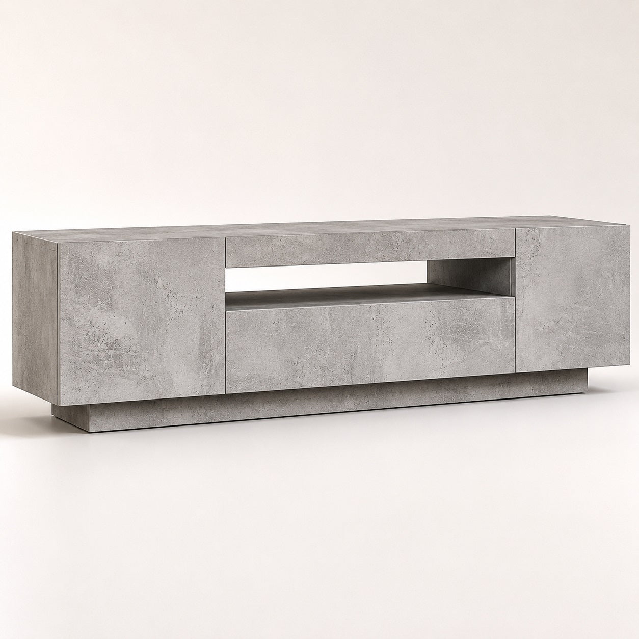 Meuble TV moderne gris avec rangement et LED, finition effet pierre au style contemporain chic.