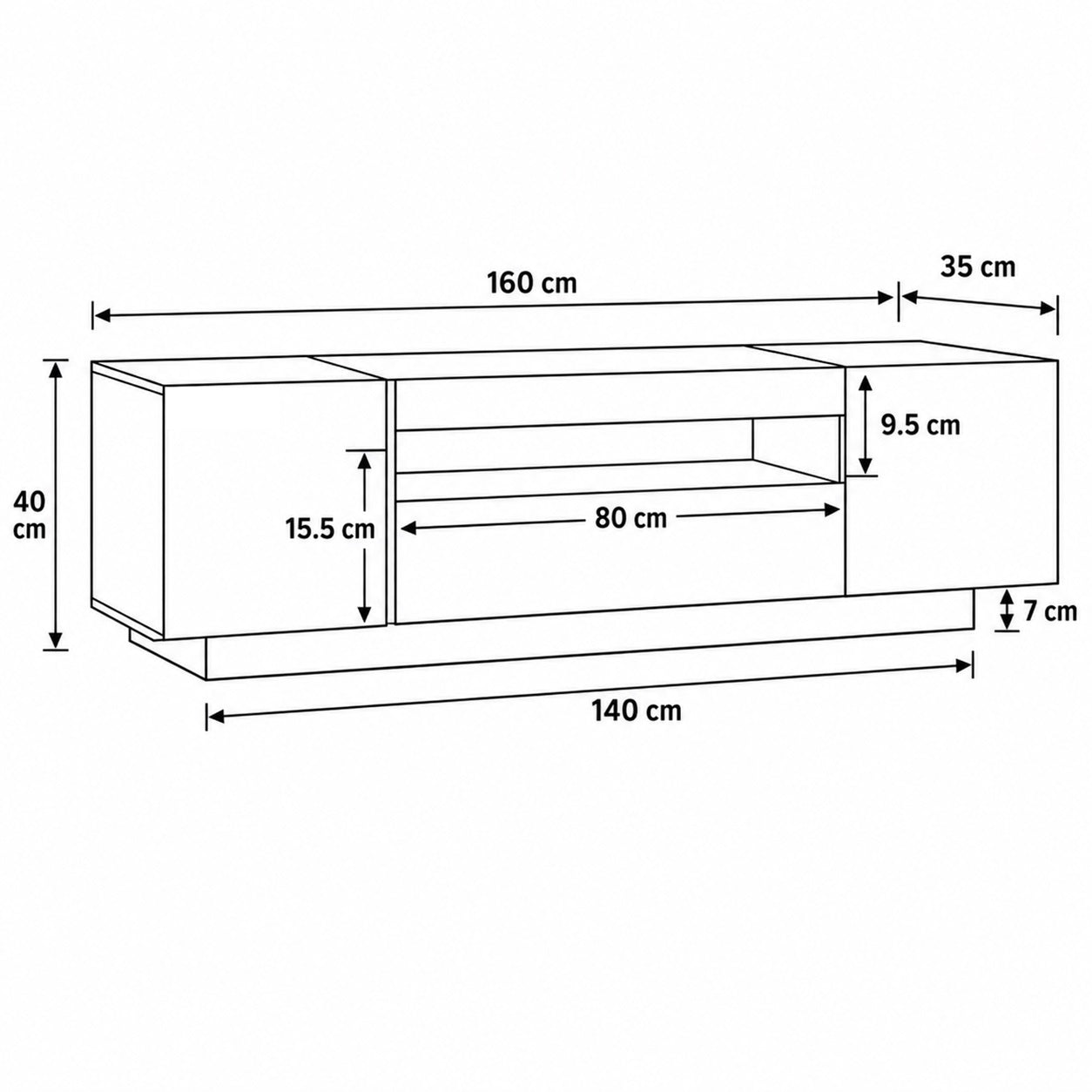 Dimensions meuble TV moderne avec rangement et LED, format 160 cm design contemporain pratique.
