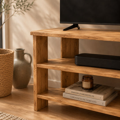 Détail d'un meuble TV d'angle en bois, meuble TV en bois avec étagères fonctionnelles