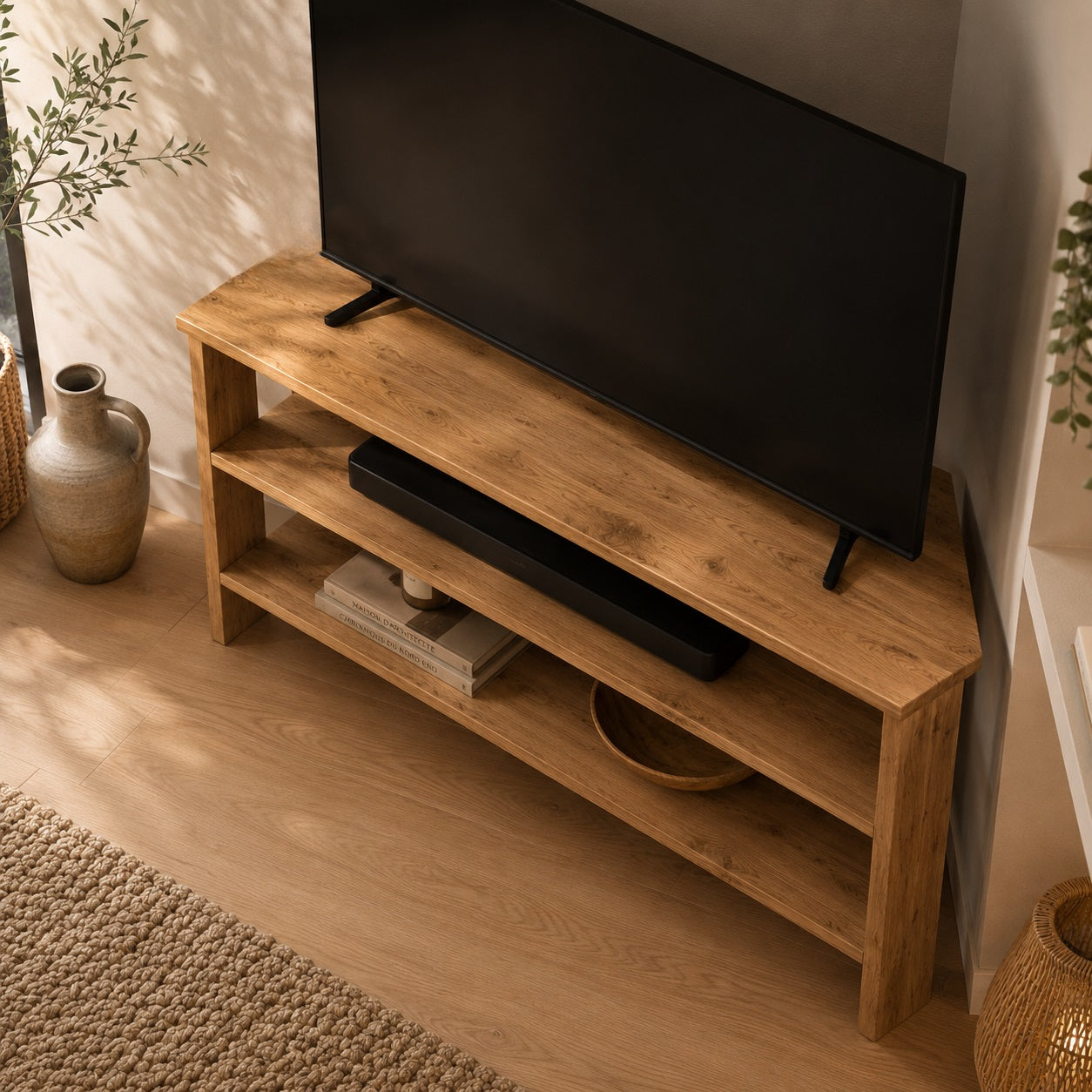 Meuble TV d'angle en bois vu du dessus, meuble TV en bois compact et pratique