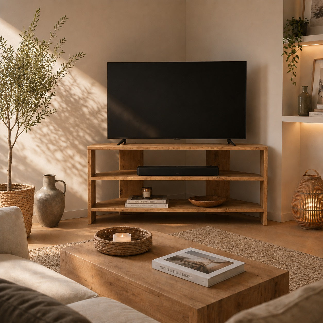 Meuble TV d'angle en bois dans un salon chaleureux, meuble TV en bois avec rangements ouverts