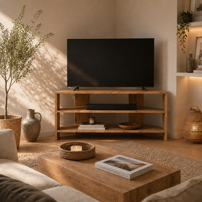 Meuble TV d'angle en bois dans un salon chaleureux, meuble TV en bois avec rangements ouverts