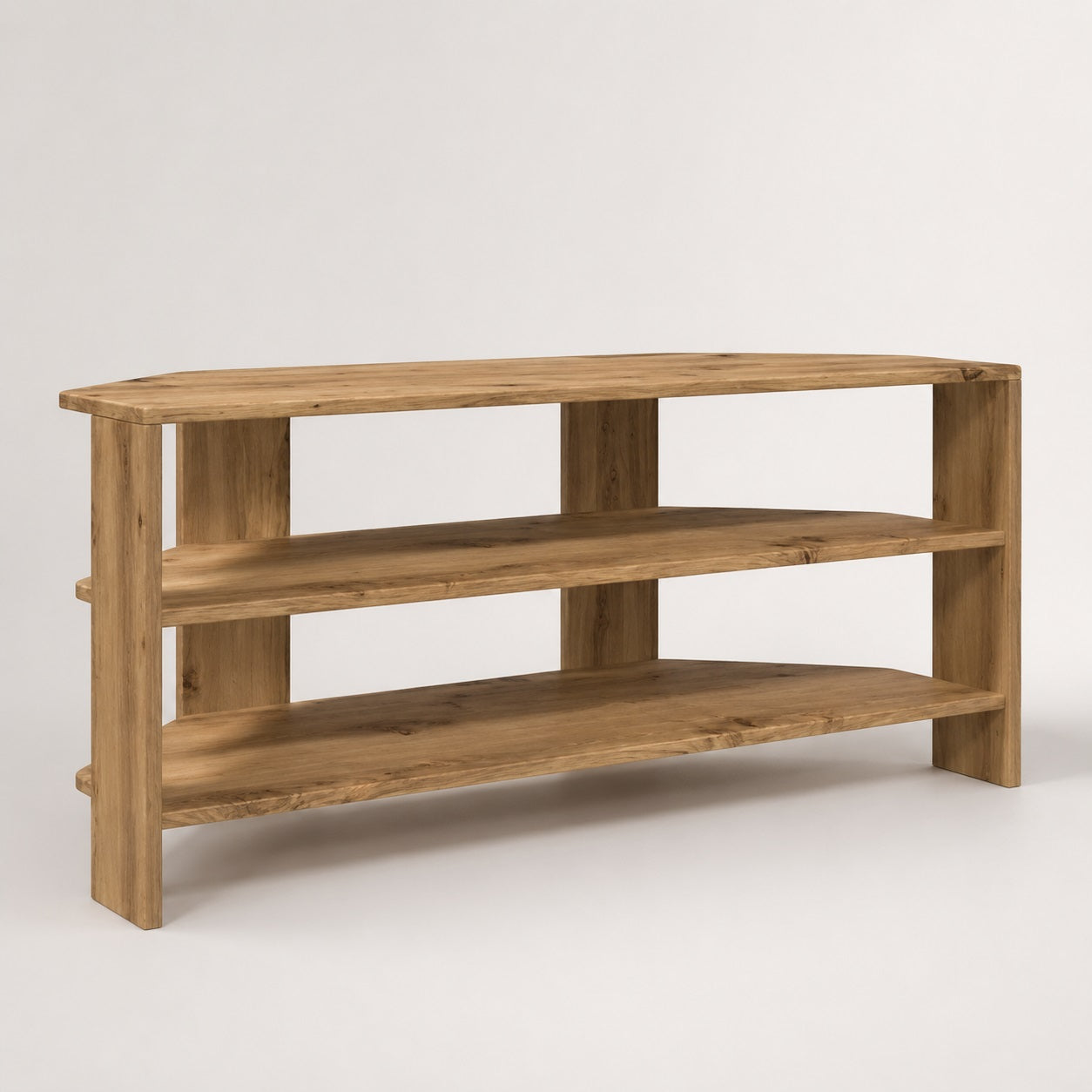 Meuble TV d'angle en bois avec étagères ouvertes, meuble TV en bois au style naturel