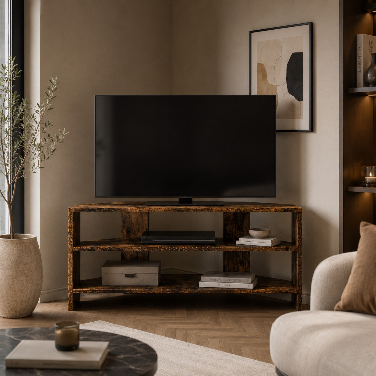 Meuble TV d'angle en bois chêne fumé dans salon moderne, meuble TV en bois décoratif