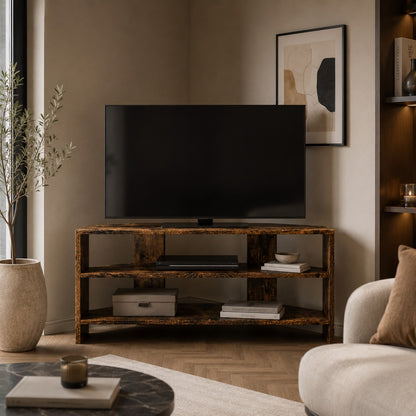 Meuble TV d'angle en bois chêne fumé dans salon moderne, meuble TV en bois décoratif