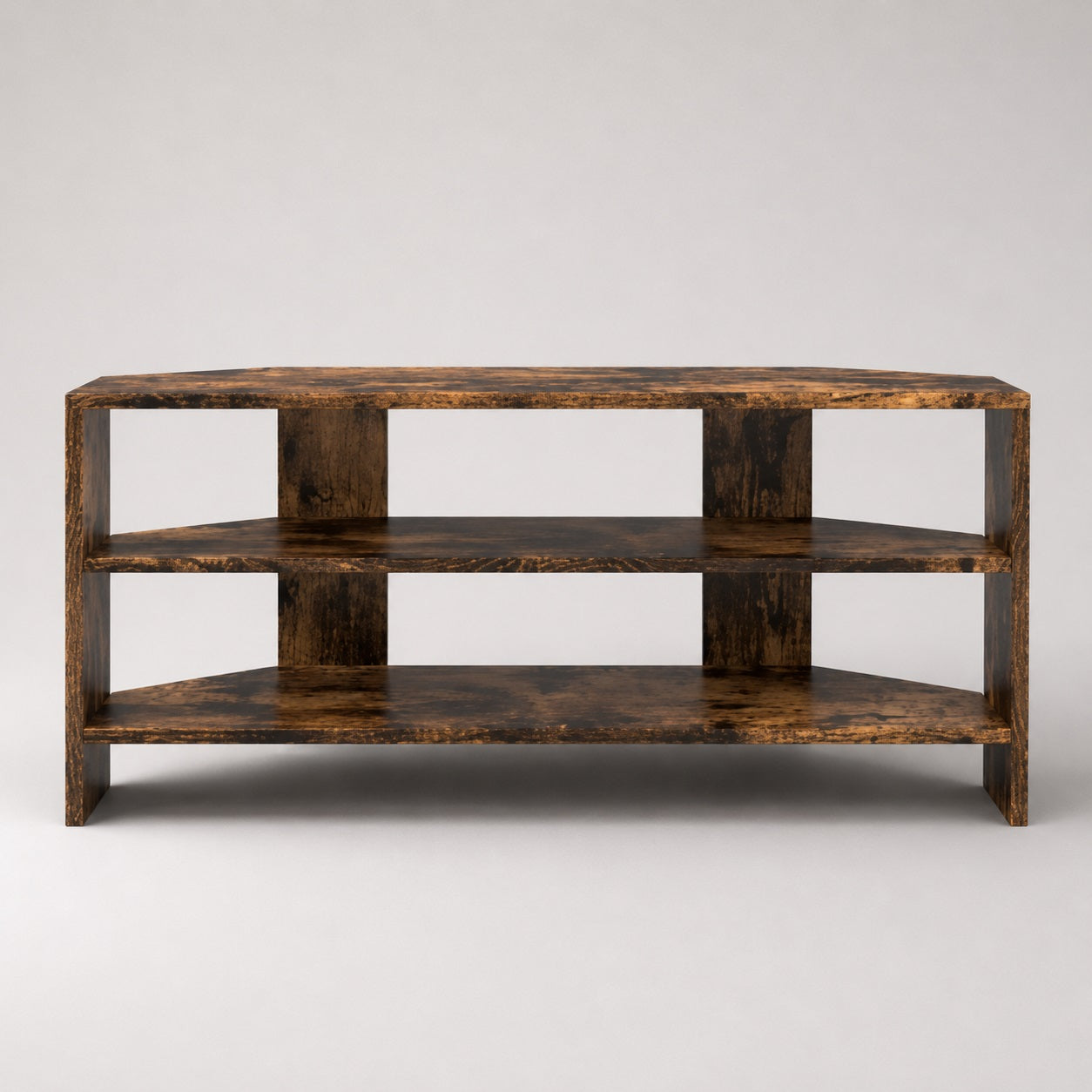 Meuble TV d'angle en bois chêne fumé avec rangements ouverts, meuble TV en bois robuste