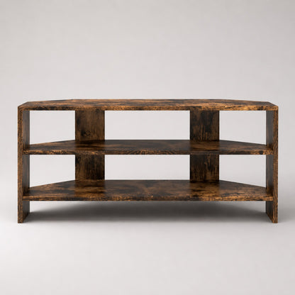 Meuble TV d'angle en bois chêne fumé avec rangements ouverts, meuble TV en bois robuste