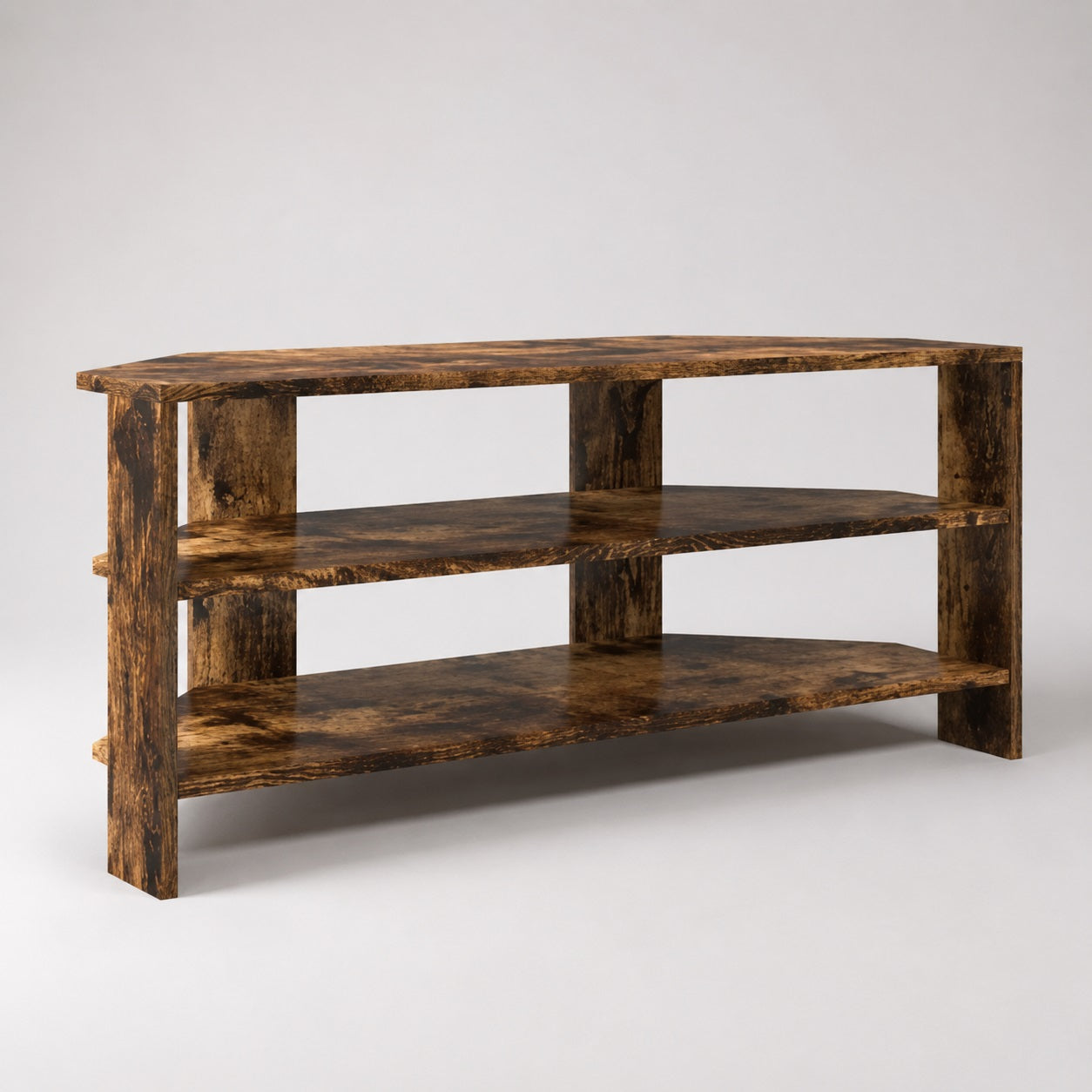 Meuble TV d'angle en bois finition chêne fumé avec étagères ouvertes et design épuré