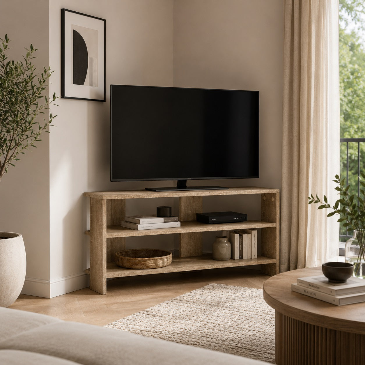 Meuble TV d'angle en bois chêne sonoma dans salon contemporain avec rangements pratiques