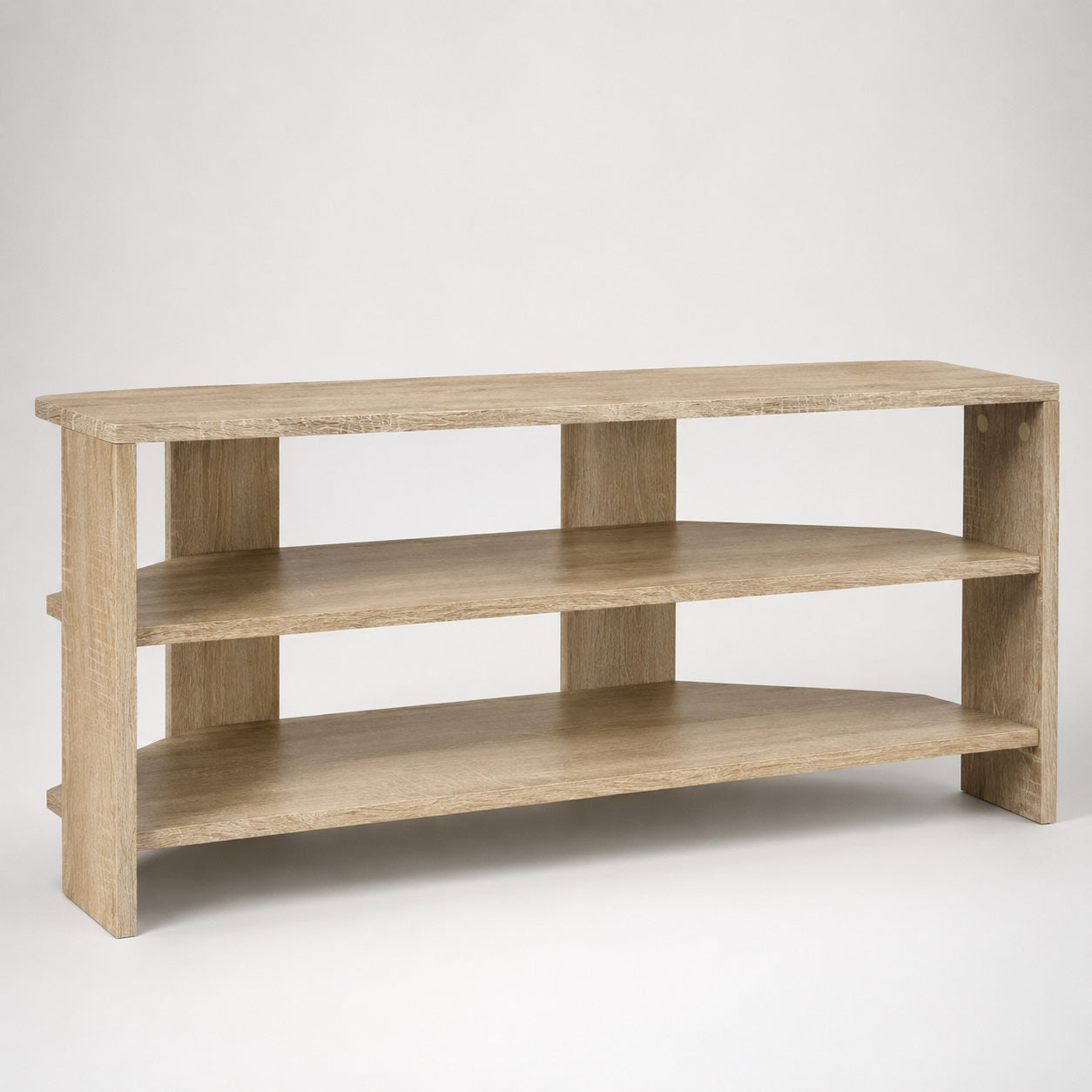 Meuble TV d'angle en bois finition chêne sonoma avec étagères ouvertes et design moderne
