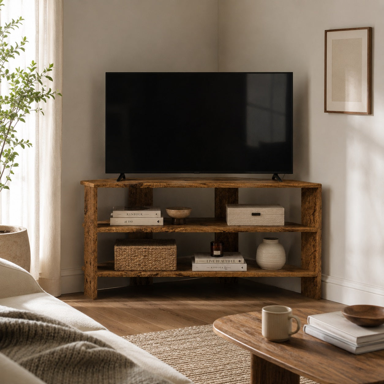 Meuble TV d'angle en bois effet vieilli dans salon chaleureux avec espace de rangement