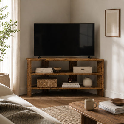 Meuble TV d'angle en bois effet vieilli dans salon chaleureux avec espace de rangement