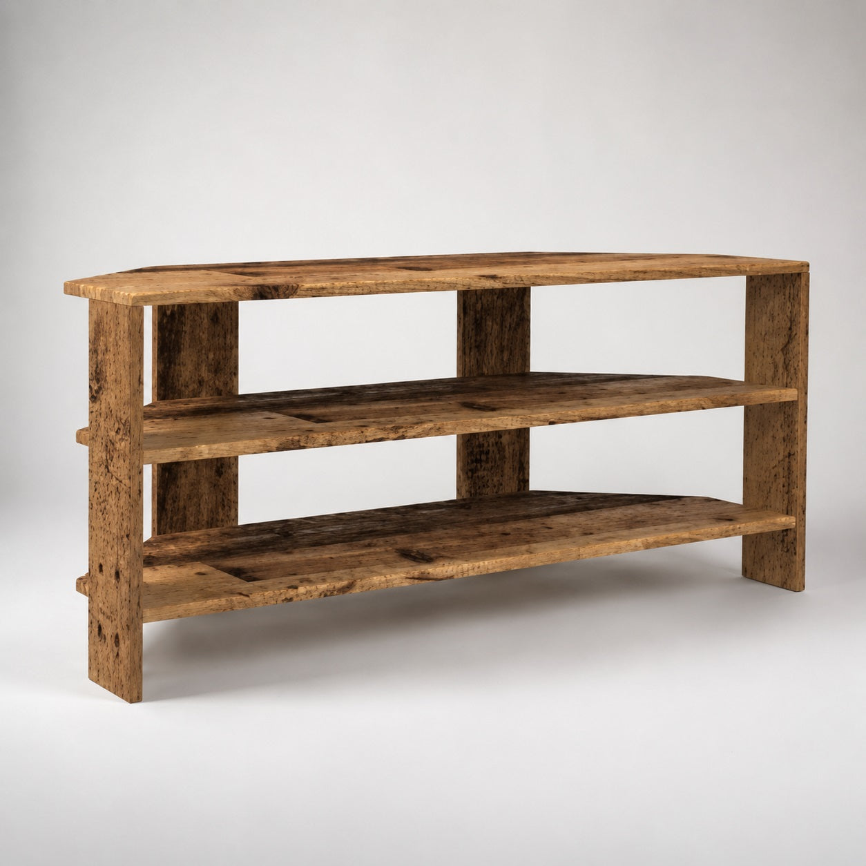 Meuble TV d'angle en bois effet vieux bois avec étagères ouvertes et style authentique